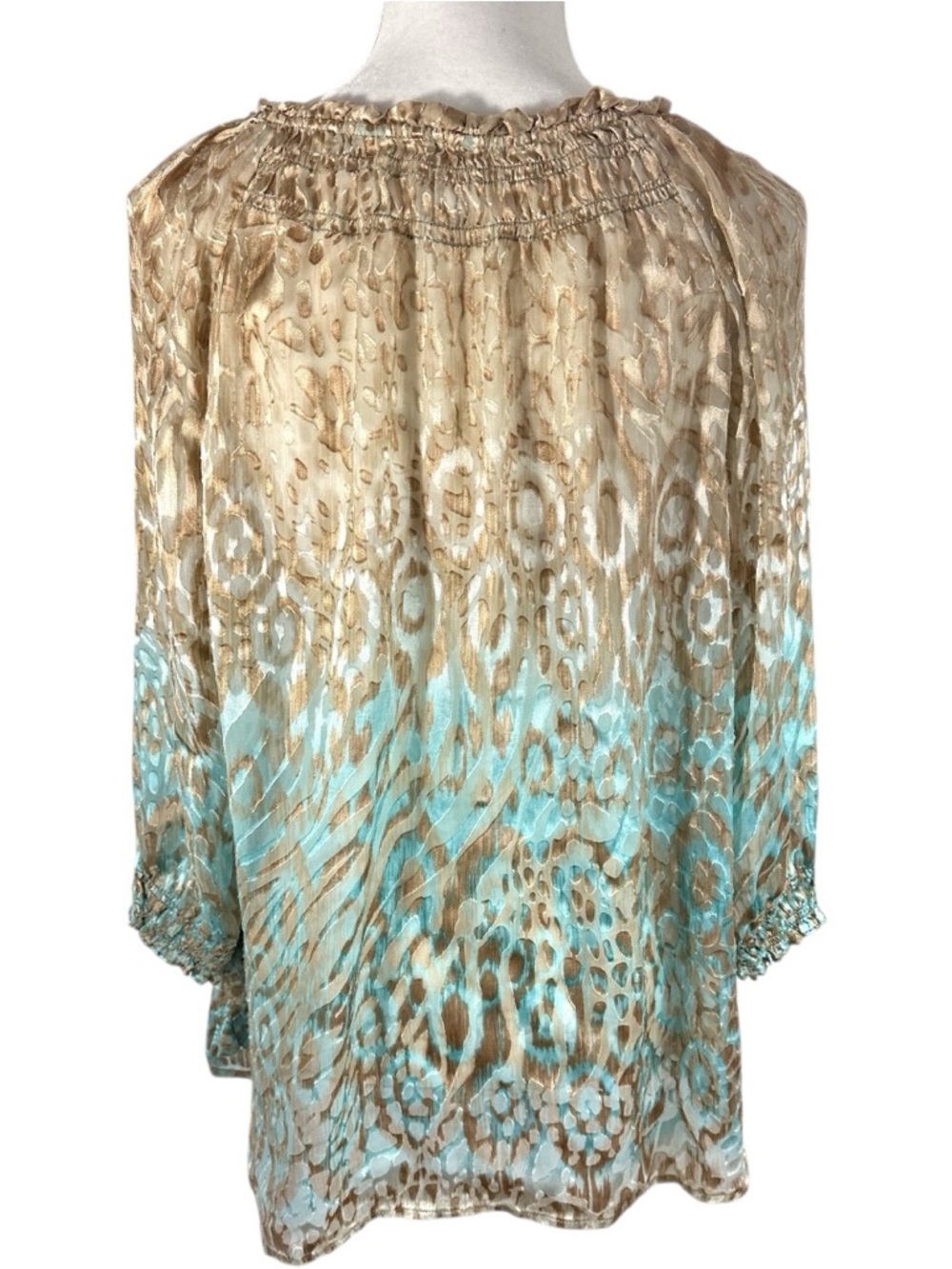 Chico's Teal/Tan Peasant Lightweight Blouse - Size 2 / Large - Picture 4 of 7